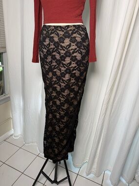 SHEIN Black Floral Lace Maxi Skirt with Nude Lining